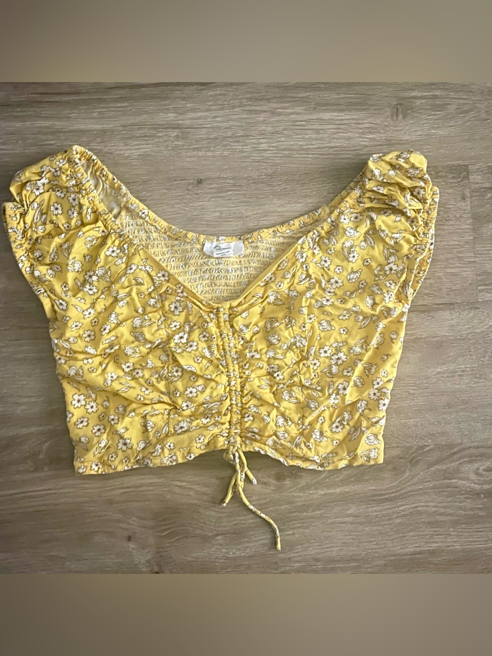 JAPNA Yellow Ditsy Floral Smocked Crop Top Size M